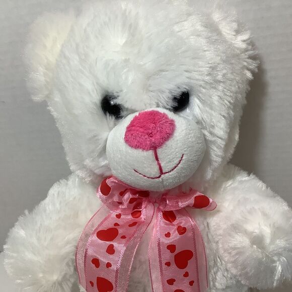 White Teddy Bear 13” Plush Pink Hearts on Feet  and Pink Red Heart Ribbon - Picture 2 of 6